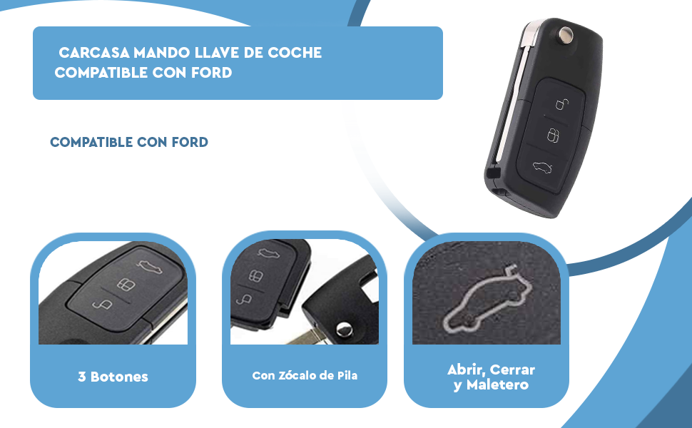 Banner - Carcasa mando llave de coche 3 botones compatible con Ford