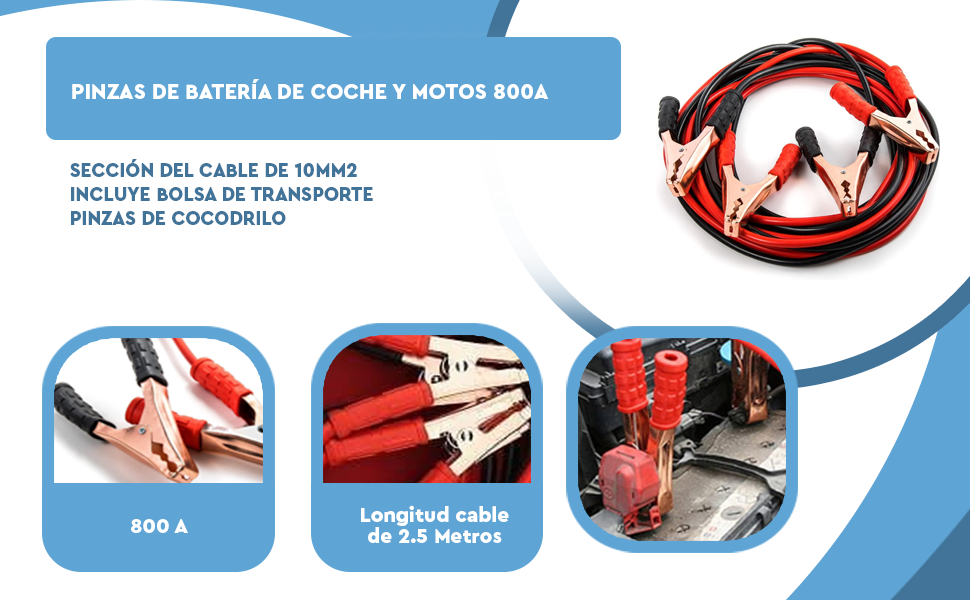 Pinzas de Batería Coche y Motos 2.5M Rojo-Negro 800A - Conexión