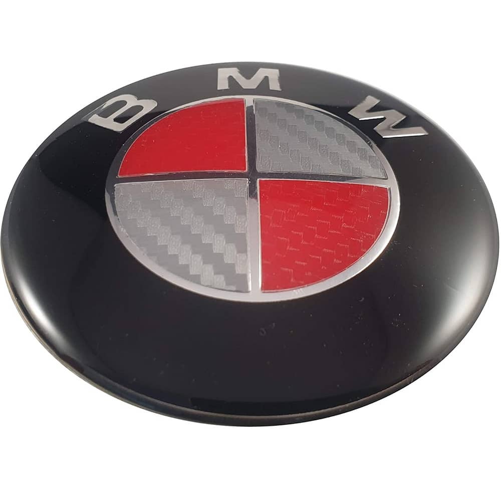 Emblema capot bmw rojo y negro carbono 82mm