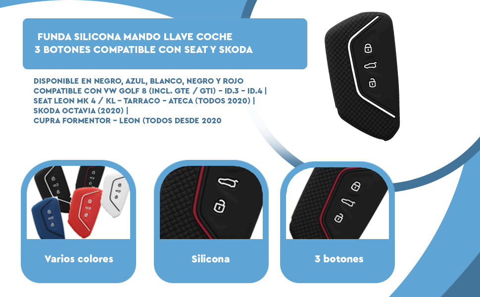 Banner - Funda silicona mando llave del coche 3 botones compatible con VW Golf blanco